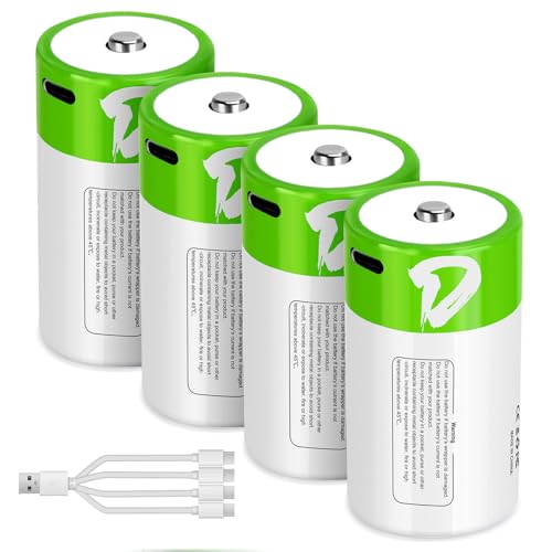 letoom D Batteries Rechargeable 4 Pack with4 in 1 USBC Charging Cable D Size Cell Lithium Batteries 7500mWh 1.5V for Flashlights, Toys, and Floodlights
