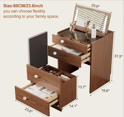Image of KungFuWood 3 In1 Soild Wood Make up Table with Hidden Mirror and Chair,Vanity Compact Desk with Lights,W24xd20xh32inch Dressing Table with 4 Drawers Storage and Adapter Outlet for Small Space