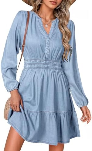 Simplee Womens Fall Denim Dress Casual Long Sleeve V Neck Empire ...