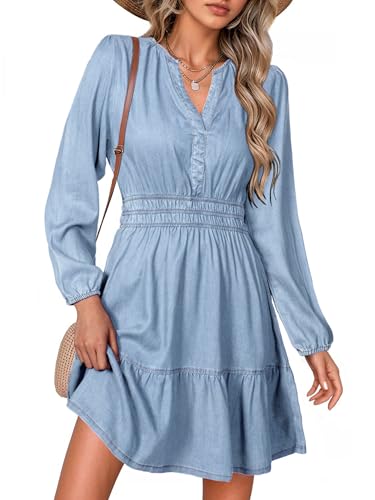 Image of Simplee Womens Fall Denim Dress Casual Long Sleeve V Neck Empire Waist Ruffle A Line Flowy Short Jean Dresses with Pockets