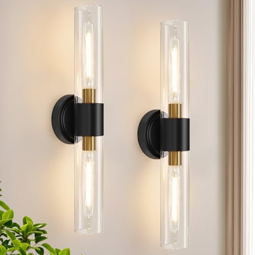 Image of Wall Sconces Set of Two, Modern Bathroom Sconces Wall Lighting with & Clear Glass Glass, Black and Gold Sconces Wall Decor Set of 2 for Bathroom Mirror Bedroom Living Room Hallway