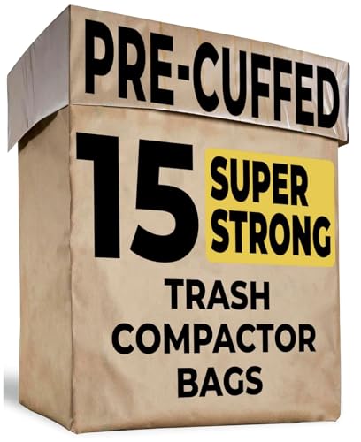 Trash Compactor Bags for Kitchen - 15 PACK - Pre-Cuffed, Super Strong & Heavy Duty Kitchen Trash Bags with Leak Proof Plastic Liner, Fits GE Model Compactors with Rectangular Containers