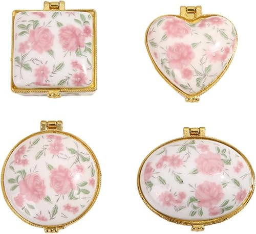 Lot de 4 mini boîtes à bijoux avec couvercle à charnière en porcelaine - Motif floral et papillon - Vintage - Pour boucles d'oreilles et bagues - Organisateur de fées dentaires
