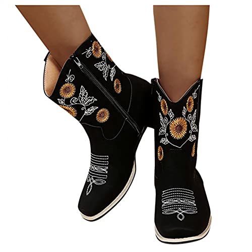 Hbeylia Vintage Square Toe Cowboys Boots For Women Sunflower Floral Embroidered Retro Chunky Low Heels Western Cowgirls Boots Goth Riding Mid Calf Boots Knight Short Shoes #TOP19