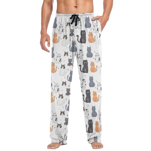 Mens Pajama Pants Cute Cat Fun Soft Lounge Sleep Pj Bottoms with Drawstring Pockets