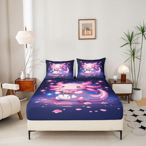 Image of jejeloiu Cute Axolotl Bed Sheets Set King Size Cartoon Pink Axolotl Bed Set Kawaii Salamander Sea Ocean Animal Deep Pocket Fitted Sheet Purple Dreamy Starry Breathable Soft Lightweight Microfiber