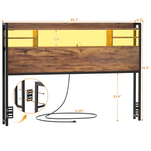 Image of Aheaplus Headboard for Full Size Bed with Storage and Outlets, Rustic Brown | Headboards with LED Light, Power Outlets, USB Ports Full Size Head Board, Wood headboard Only Sturdy and Stable Headboards