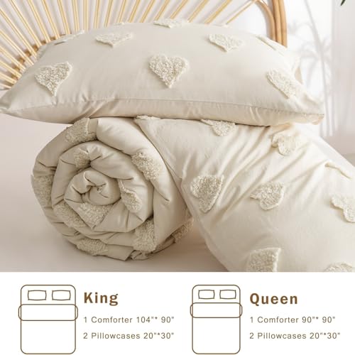 Image of Boho Tufted Comforter Set Queen Size Beige Heart Textured Bedding Set 3 Pieces Farmhouse Shabby Chic Embroidery Bed Set Soft Jacquard Comforter for All Season with 2 Pillowcases