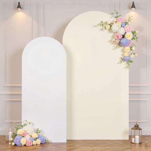 Image of White and Beige Arch Backdrop Cover for Wedding, 7.2FT 6FT Set of 2 Stretchy Spandex Fitted Arch Stand Cover for Baby Shower, Birthday Party Decor, Chiara Backdrop Cover with Double-Sided Design