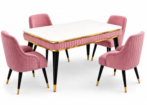 Image of WOODEN SPACE 4 Seater Wooden Dining Table Set | Urban Marble Top Dining Table with Chairs for Dining Room & Kitchen (Modern Zyro Pink) (54 x 36 x 30 inch)