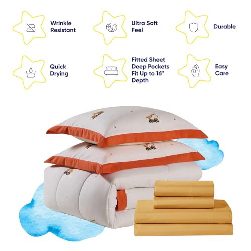Image of Construction Bedding Set Full Size - Bed in a Bag with Sheets, Pillowcases & Shams - Soft Construction Bedding Comforter Set with Dump Trucks, Cranes & Bulldozers - Fun Kids Construction Bedroom Decor