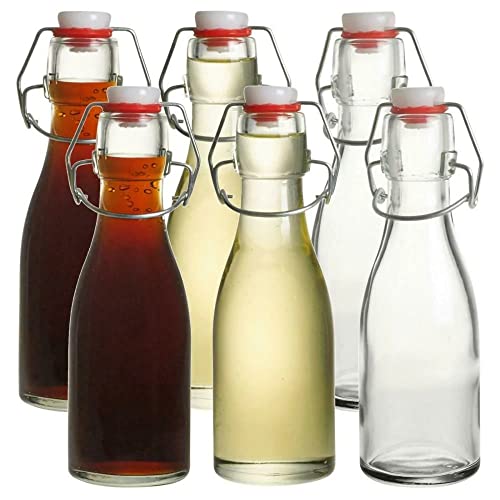 Mini Clip Top flaskor 150 ml set med 6 glas lufttäta konserveringsflaskor med svängtopp flip topp 150 ml klara glasflaskor för olja, vinäger, smaktillsatser, vatten, juice, drycker med snäv propp