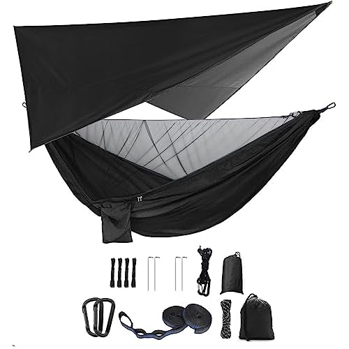 Camping Hammock Set, Single Double Hammock, Mosquito Net, Insect Net, Rainfly, High Strength Parachute Cloth Hammock. Suitable for outdoor, hiking, camping, travel