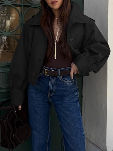 Cicy Bell Womens Cropped Trench Coats Pleated Button Down Short Jackets Fall Casual Lapel Loose Fit Outerwears2