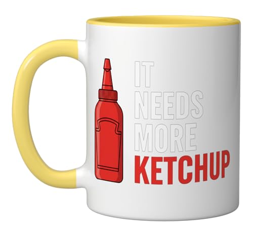 IT Needs More Ketchup Funny Food Lover Kids Bbq Cooking Sque Ceramic Mug, Yellow/White