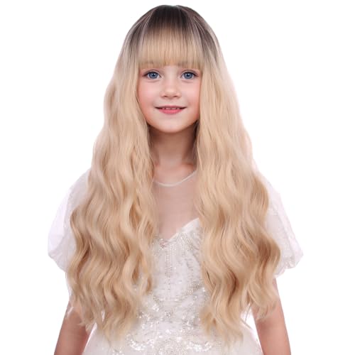 WAVELNM Kids Ombre Blonde Wig with Bangs Black to Blonde Wigs for Girls Long Wavy Dark Root Wig for Children Synthetic Wigs for Daily Party Halloween Cosplay Use