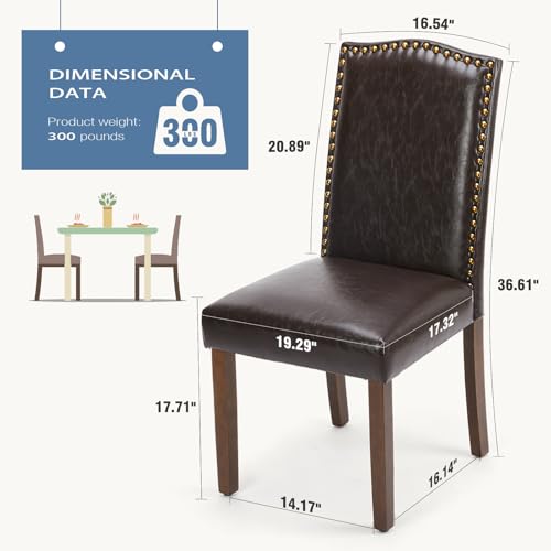DUMOS Upholstered Dining Chairs,Set of 2 PU Leather Dining Room Kitchen Chair with Nailhead Trim and Wood Legs, Modern Side Chairs for Living Room-Brown