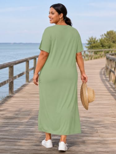 Image of SUZONANA Women Casual T-Shirt Dress V Neck Short Sleeve Solid Color Oversize Dress with Front Two Pockets