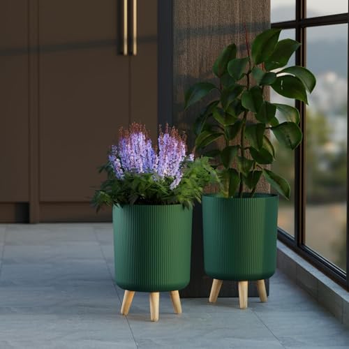 Image of Modern Green Plant Pot with Stand | Ribbed Plastic Flower Planter with Wooden Legs for Indoor Outdoor Home, Balcony & Garden Decor (Pack of 2)