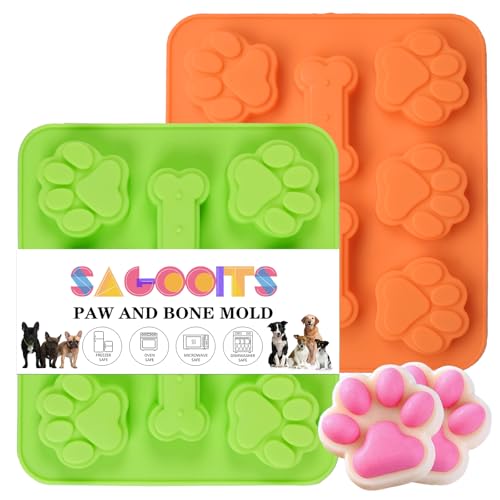SAGOOITS 2 Pack Puppy Dog Paw and Bone Shaped 2 in 1 Silicone Molds, Reusable Non-Stick Ice Cube Trays & Candy Chocolate Molds for Homemade Dog Treats, Pudding & Baking Biscuit (Green Orange)