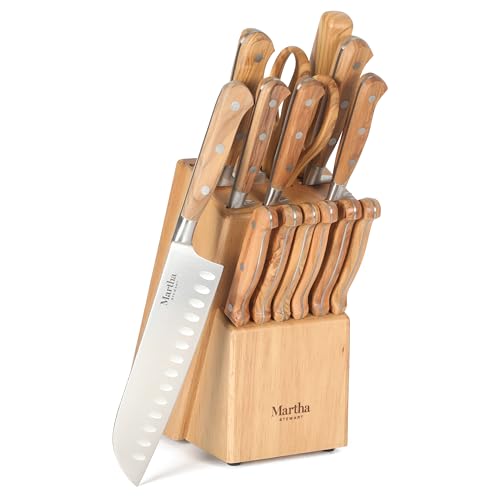 Martha Stewart 15 Piece Austenwood German Stainless Steel Cutlery Kitchen Knife Block Set W/Italian Olive Wood Forged Handle & Wood Block