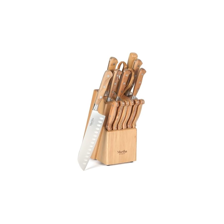 Martha Stewart Austenwood 15-Piece Knife Block Set, German Stainless Steel Kitchen Knives with Forged Italian Olive Wood Handle