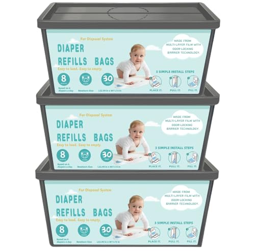 Diaper Pail Refills Bags with 30 Bags Compatible with Genie Easy Roll Signature and Platinum Diaper Pails, 7-Layer Odor-Barrier Technology-3 Packs