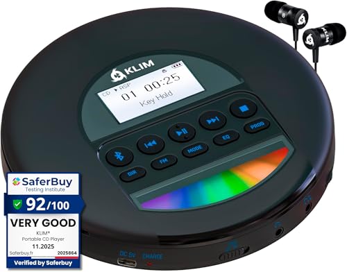 KLIM Nomad - Portable CD Player with Long-Lasting Battery - with Headphones - Radio FM - Compatible MP3 CD Player Portable - TF Card Radio FM Bluetooth - Ideal for Cars - Black Blue