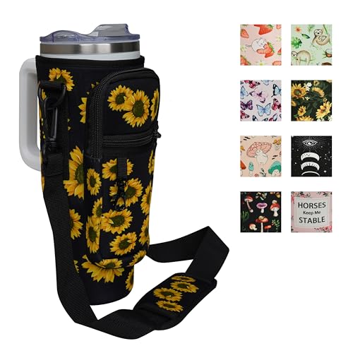 Sps ssion Resuable Sunflower Water Bottle Holder with Strap & Phone Pocket for 40 oz Tumbler with Handle Water Bottle Sling Bag Cup Bag for Sunflower Lover