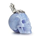 Skullis Necklace of Blue Lace Agate Carved Crystal Skull and Silver Bones Pendant for Men and Women,...