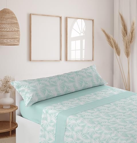 HaraDeco Juego de Sábana, Confeccionada 50% Algodón 50% Microfibra Tejido con Vivo, Bajera, Funda Almohada Larga y Sábana Encimera 3 Piezas para Verano(Majan Verde, Cama 150)