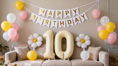 Luftballons Creme Beige 10. Geburtstag Deko Beige Nummer 10 Gänseblümchen Geburtstags Folienballon Dekorationen für 10 Jahre Mädchen Jungen Geburtstagsdeko Party Dekoration