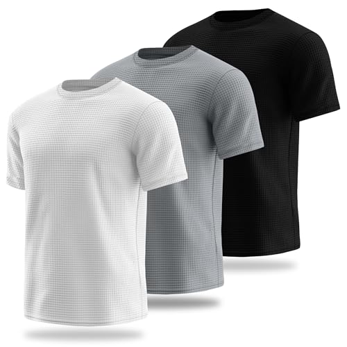 Ficerd 3 Pack Men's Short Sleeve Waffle Knit Shirts, Casual Textured Crew Neck Summer T-Shirts Lightweight Solid Pullover Tee3