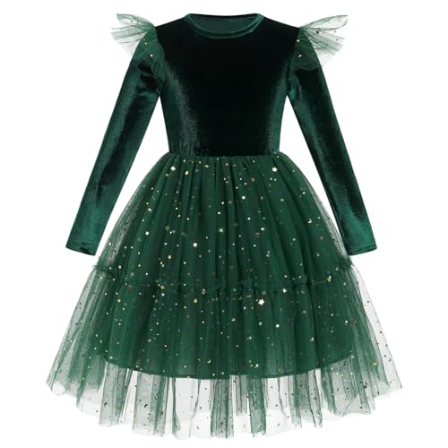 FYMNSI Toddler Baby Girls Christmas Dress Sparkle Star Sequins Long Sleeve Velvet Tulle Tutu Dress Kids Fall Winter Clothes Flower Girl Dresses for Wedding Xmas Party Ball Gowns Green 3-4T