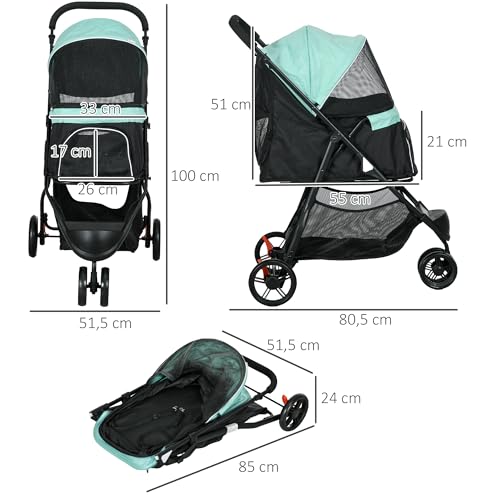 PawHut Hundewagen 2 in 1 Hundebuggy klappbar für Hunde & Katzen bis 10 kg Katzenbuggy mit Kissen Netzfenstern Türen Aufbewahrungskorb Katzenwagen Buggy Grün