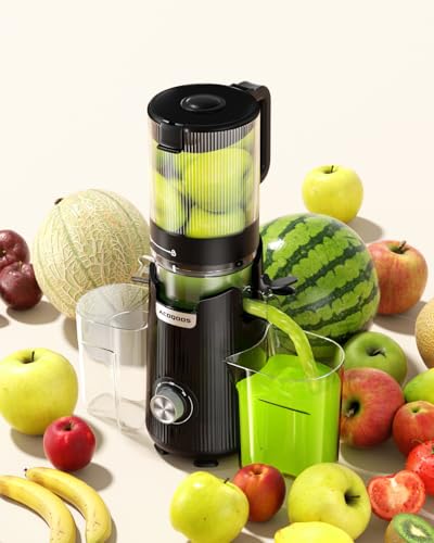Cold Press Juicer, Auto Feed & Pre-cut, 55 RPM Slow Masticating High Juice Yield Juicer Machines, Easy to Clean, 5.3" Wide Chute, 1.8L Hopper with 2 Cups, Black