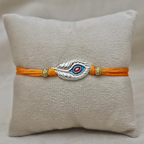 Image of 925 Sterling Silver Rakhi with Peacock Design for Brother, Handmade Orange Thread Rakhi for Raksha Bandhan Gift