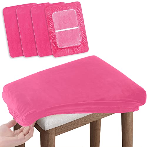 Image of SINOSSO Vanity Stool Covers Set of 4, Super Soft Velvet Stretch Washable Saddle Bar Stool Slipcover Bench Seat Protector, (Rectangle, Hot Pink, 4 Counts)