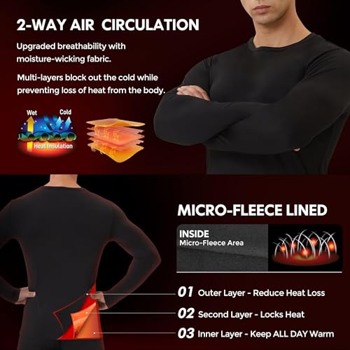 CL convallaria 2 or 4 Pack Mens Thermal Underwear Shirt Fleece Lined Base Layer Tops Cold Weather Athletic Sport Gear 2pc Black-Black 2XL - Image 2