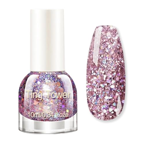 Pink Glitter Nail Polish, Quick Dry Nail Polish, Glitter Nail Varnish with Holographic Reflective Sparkle and Chunky Shimmer, Long-Lasting High Gloss Nail Art Paint, No UV Lamp Needed