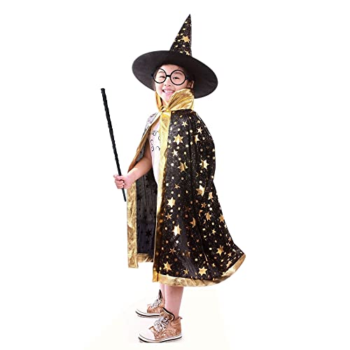 Unisex Kids Party Fancy Dress Witch Wizard Costume Cloak And Cape With Wand Hat Set for Kids, Boys, Girls, Toddlers Role Play Dress Up, School Classroom Stage Performance, Halloween