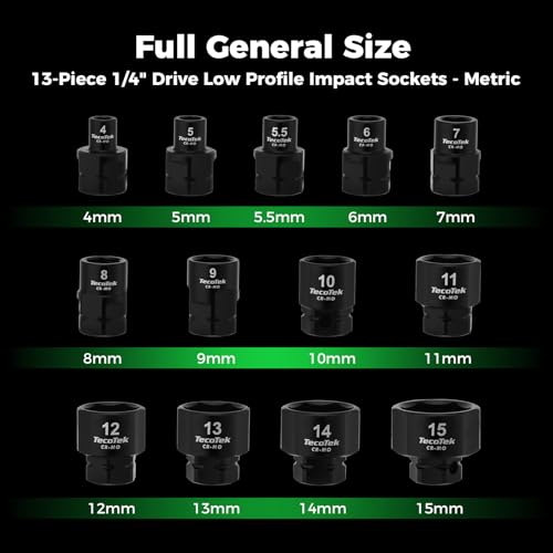 Image of TecoTek 13-Piece 1 /4-Inch Drive Metric Low Profile Impact Socket Set, Stubby Socket Set, 4mm to 15mm, No Skips Sizes, 6 Point, Cr-Mo, Shorter Socket for Tight Areas
