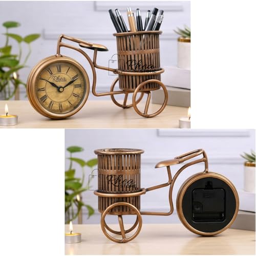 Image of Golden Cycle Pen Stand with Clock for Table Decoratoin, Elegant Desk Organizer, Bicycle Design, Handcrafted Metal Pen Holder with a Luxurious Gold Finish