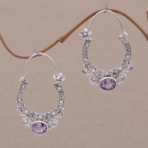 NOVICA Artisan Amethyst Hoop Earrings and Sterling Silver Floral from Bali Purple Indonesia Birthstone [1.7 in H x 0.2 in W x 1.2 in D] ' Spiral Arches'3