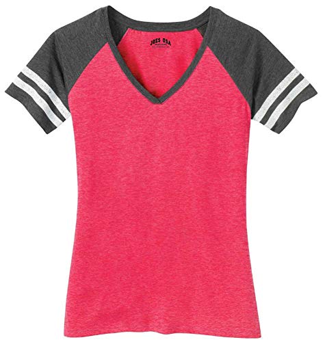Joe's USA Ladies Distressed Retro V-Neck T-Shirt-L-Watermelon