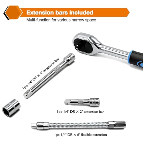 Image of Egofine 46 Pieces 1 /4 inch Drive Socket Ratchet Wrench Set, with Bit Socket Set Metric and Extension Bar for Auto Repairing and Household, with Blue Storage Case