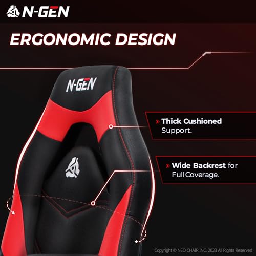 Image of N-GEN Video Gaming Chair Ergonomic Computer Desk Office Chair with Lumbar Support Adjustable Height Swivel Wheels Flip-Up Arms PU Leather Home and Office (Classic Red)