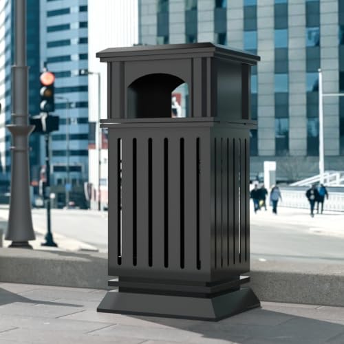 Image of BEAMNOVA Commercial Outdoor Trash Can with Lid, Matte Black, 15.8 * 35.5 in | Metal Heavy Duty Garbage Can Outside Waste Container for Hotel, Patio, Business, Pool Area, Exterior Public Area