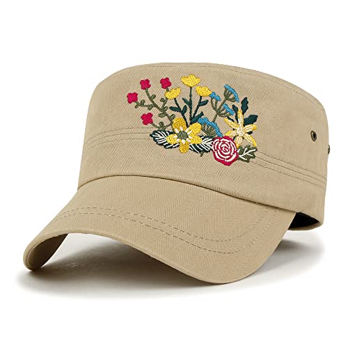 Image of ililily Crystal Gemstone Stud Flower Vintage Cotton Military Army Hat Cadet Cap