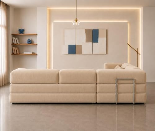 Image of Torque Vegas 5 Seater L Shape Sofa Cum Bed for Sleeping - Beige | Suede Fabric 5 Seater Sectional 2 in 1 Sofa Bed | Corner L Shaped Sofa Set for Living Room Office